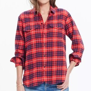 Madewell flannel button down red plaid fall winter warm shirt sz XS
